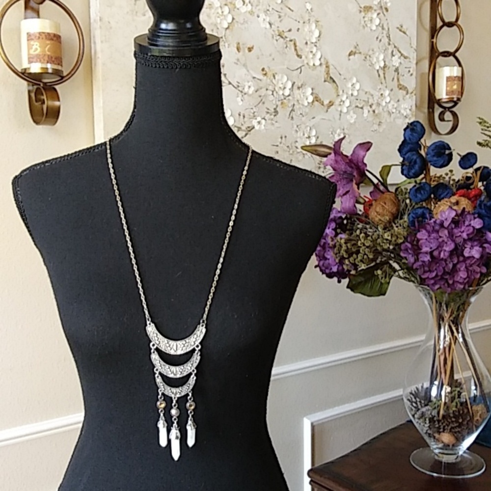 Silver Stament Necklace With Three White Healing Crystals Pendants